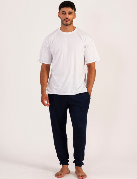 Ensemble décontracté homme - T-shirt blanc et pantalon bleu marine